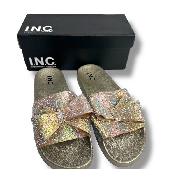 INC International Concepts Rhinestone Bow Slides Size 11 Holo Sandals FLAW - Picture 8 of 10